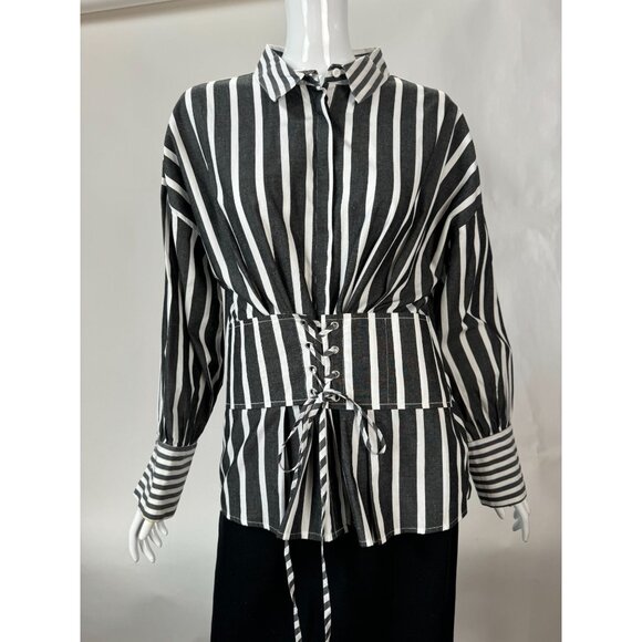 Striped Button-Up Shirt With Corset Detail By Free Generation - Large - Picture 15 of 16